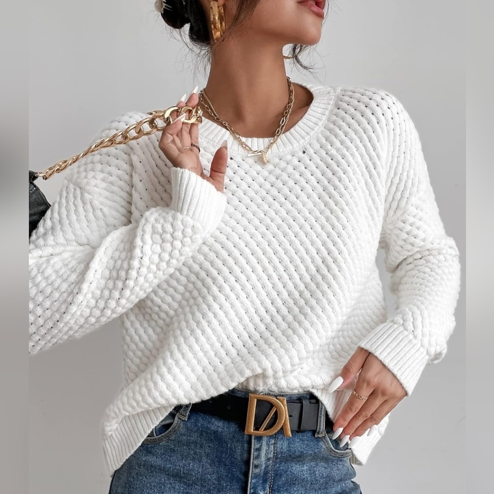 New Chic Nubby Textured Sheer Knit Crew Neck Sweater Top Pullover White